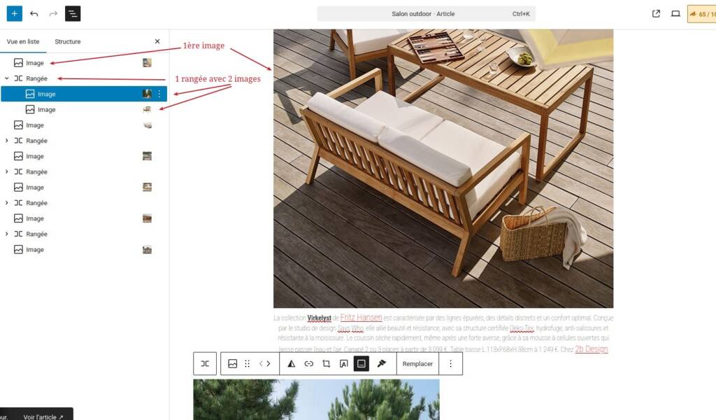 Éditeur Gutenberg éditant des colonnes de contenu sur une interface CMS WordPress