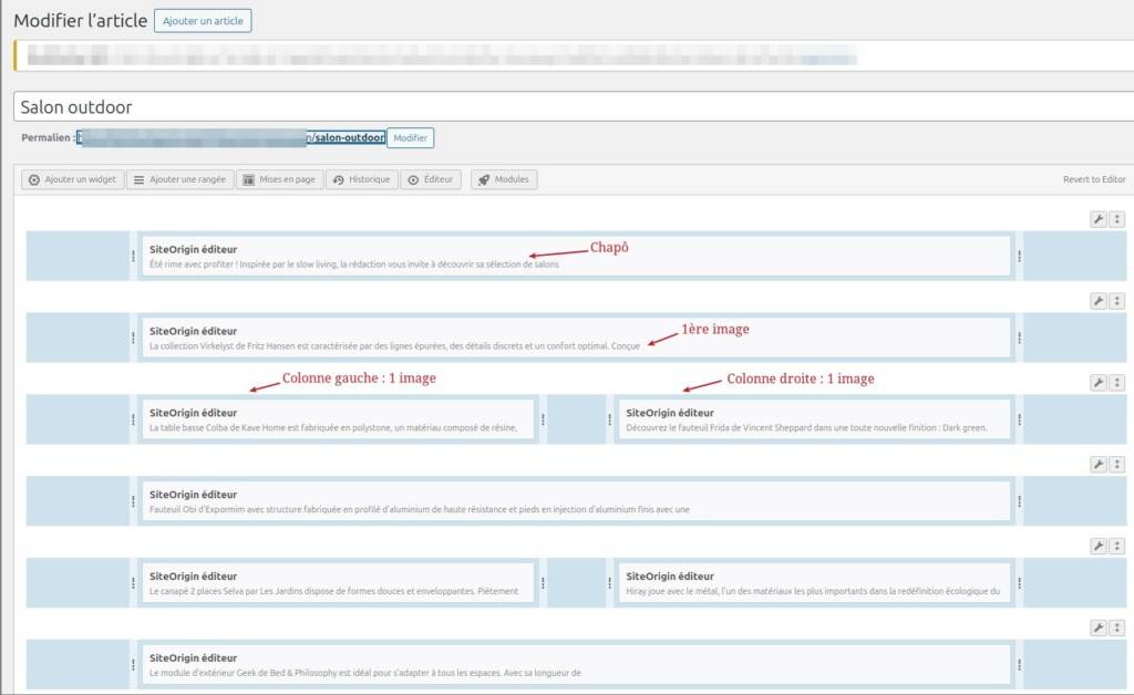 Éditeur SiteOrigin éditant des colonnes de contenu sur une interface CMS WordPress