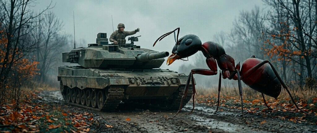 Char militaire face à une fourmi géante.