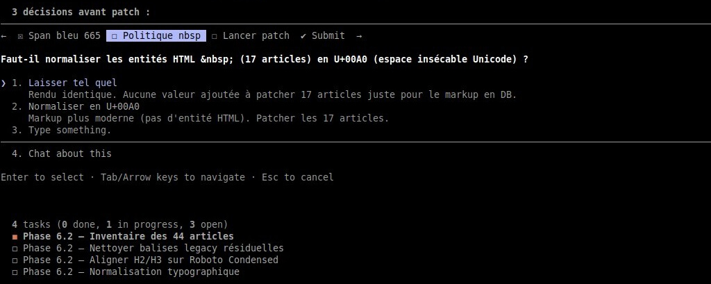 Interface terminal sombre sur décisions de patch HTML