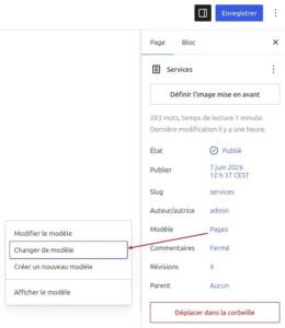 Interface WordPress avec option Changer de modèle