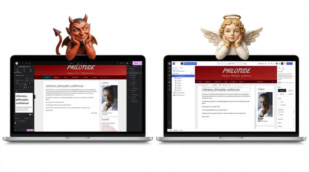Deux ordinateurs portables côte à côte. À gauche, l’un affiche une page ouverte dans Elementor, avec un petit diable accoudé à l’écran. À droite, la même page est ouverte dans Gutenberg, avec un ange accoudé à l’écran.