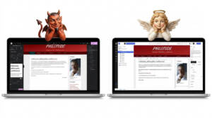Deux ordinateurs portables côte à côte. À gauche, l’un affiche une page ouverte dans Elementor, avec un petit diable accoudé à l’écran. À droite, la même page est ouverte dans Gutenberg, avec un ange accoudé à l’écran.